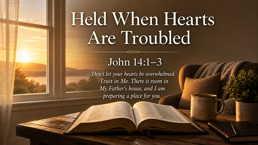 Held When Hearts Are Troubled, a wide 16:9 photo-realistic image of a quiet room at dawn with soft light coming through a window, an open Bible on a small table, and a peaceful atmosphere of prayer and trust. 
