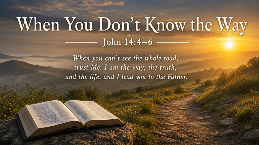 When You Don’t Know the Way, a wide 16:9 photo-realistic image of a quiet path through gentle hills at sunrise, with soft golden light breaking through mist and an open Bible resting near the path.