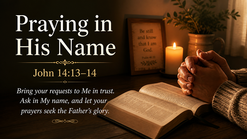 Praying in His Name, a wide 16:9 photo-realistic image of clasped hands resting beside an open Bible in warm candlelight, creating a quiet atmosphere of trust and surrender. 