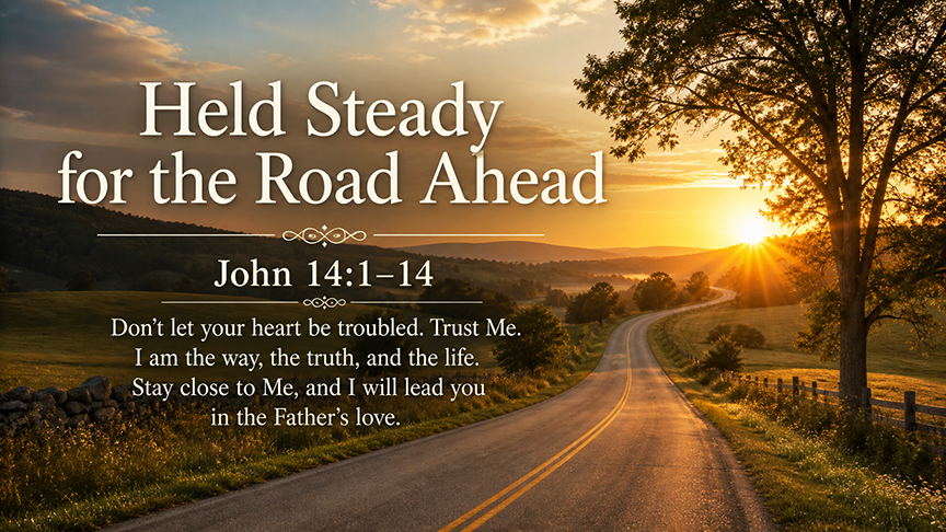 Held Steady for the Road Ahead, a wide 16:9 photo-realistic image of a peaceful country road at sunrise, with soft light stretching across the path and a sense of hope for the journey ahead.