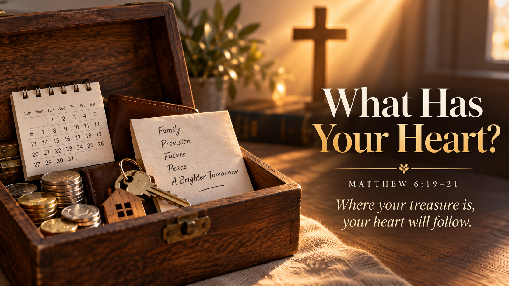 A box holding symbols of security with a cross beyond it, illustrating Matthew 6:19&ndash;21 and the question of what holds the heart.