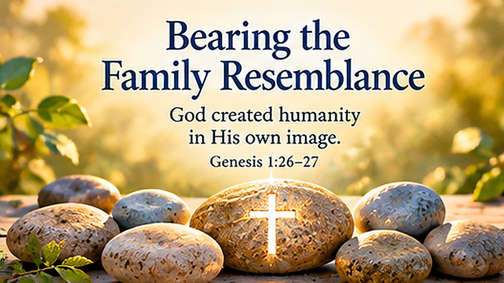 Wide 16:9 warm watercolor illustration of several small, smooth river stones arranged around a larger stone bearing a softly glowing cross, with morning sunlight illuminating each stone. The composition suggests shared dignity, belonging, and the image of God without using identifiable people. Visible title: "Bearing the Family Resemblance." Visible Scripture paraphrase: "God created humanity in His own image." Include "Genesis 1:26&ndash;27." Use soft gold, cream, and muted blue tones with clear, readable typography.