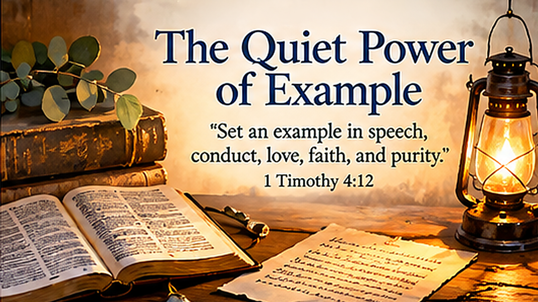 Wide 16:9 watercolor illustration of an open Bible beside an old handwritten letter and a small, warmly glowing lamp on a wooden table. The objects suggest faith passed from one generation to another through everyday example. No people or church logo. Visible title: "The Quiet Power of Example." Visible Scripture paraphrase: "Set an example in speech, conduct, love, faith, and purity." Include "1 Timothy 4:12." Warm amber light with soft blue and cream accents.