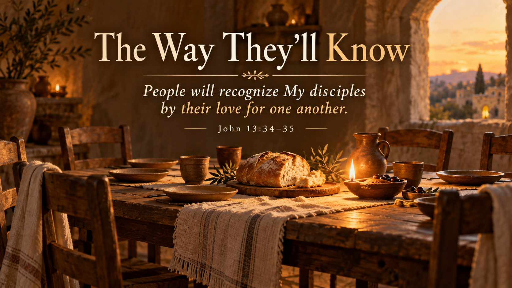 Wide 16:9 painterly still life featuring a simple wooden table set with several empty chairs, a loaf of bread, and a small oil lamp glowing warmly. The scene suggests fellowship, welcome, and the Last Supper without showing identifiable people. Include the visible title "The Way They'll Know," the Scripture paraphrase "People will recognize My disciples by their love for one another," and "John 13:34&ndash;35."