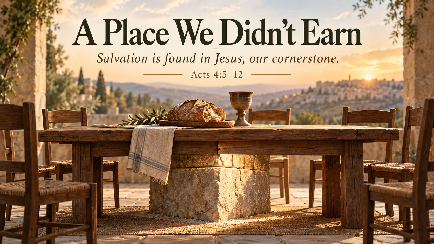 A Place We Didn&rsquo;t Earn devotional image showing Communion bread and cup above a cornerstone, reflecting Acts 4:5&ndash;12 and the grace that welcomes us to Christ&rsquo;s table.