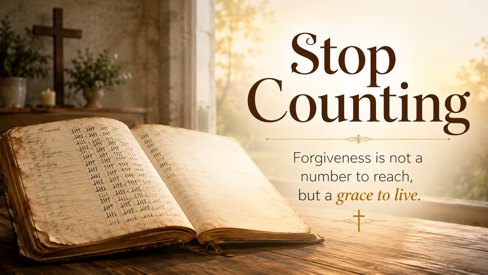 A wide, photo-realistic image of an old handwritten ledger lying open on a wooden table, with tally marks gradually fading into warm morning light. The image includes the title Stop Counting and the visible paraphrase: “Forgiveness is not a number to reach, but a grace to live.”