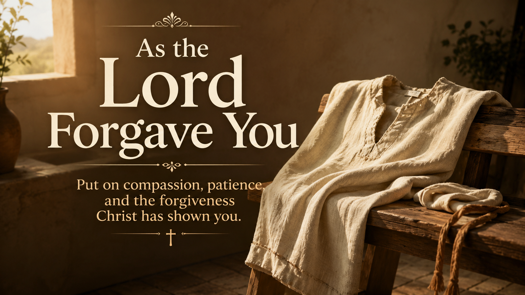 A wide, photo-realistic image of a simple linen garment resting across a wooden bench in warm morning light, symbolizing putting on compassion and mercy. The image includes the title As the Lord Forgave You and the visible paraphrase: “Put on compassion, patience, and the forgiveness Christ has shown you.”