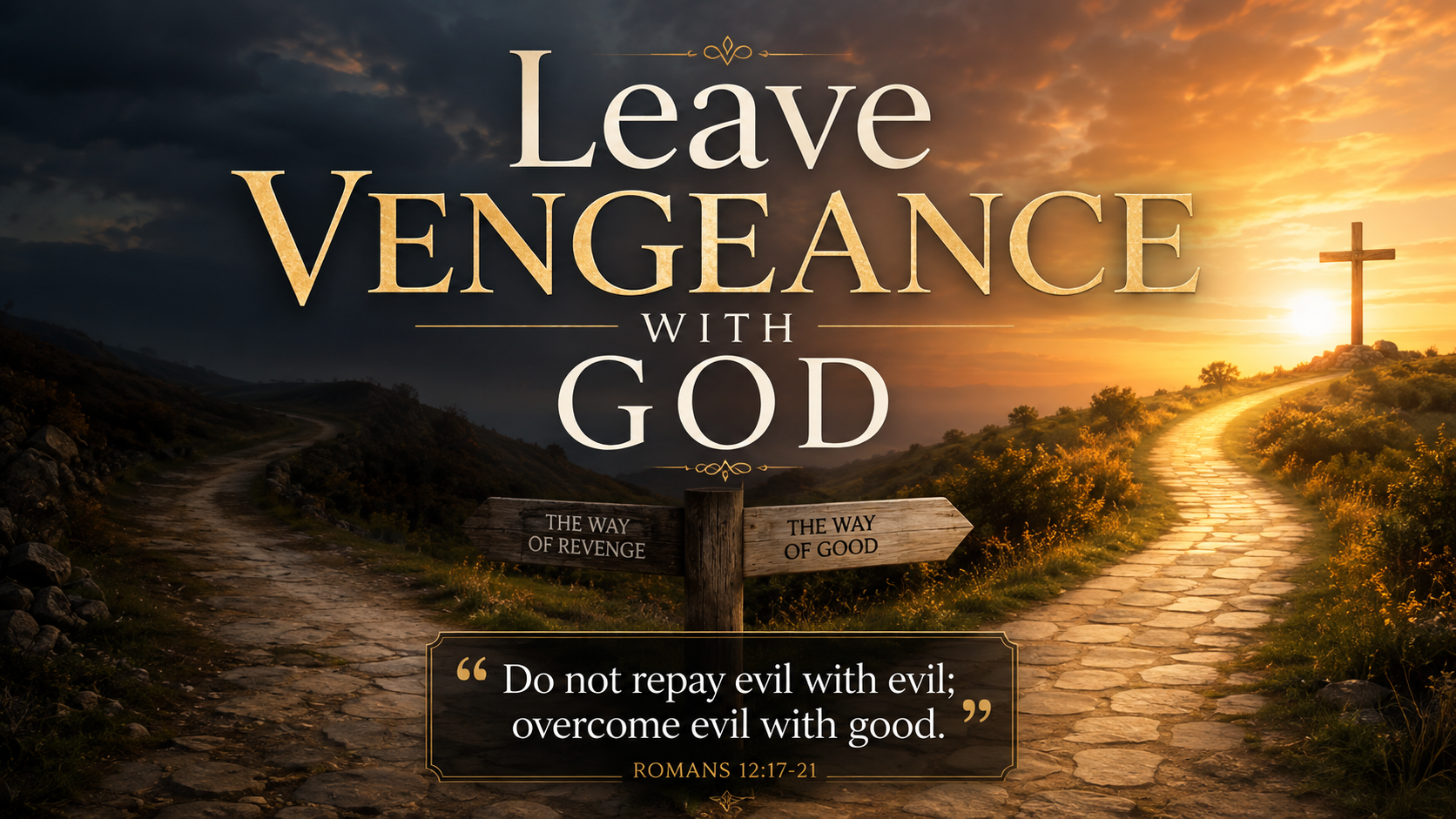 A wide, dramatic but peaceful image of two paths at dusk, one disappearing into shadow and the other illuminated by warm light. The image includes the title Leave Vengeance With God and the visible paraphrase: “Do not repay evil with evil; overcome evil with good.”