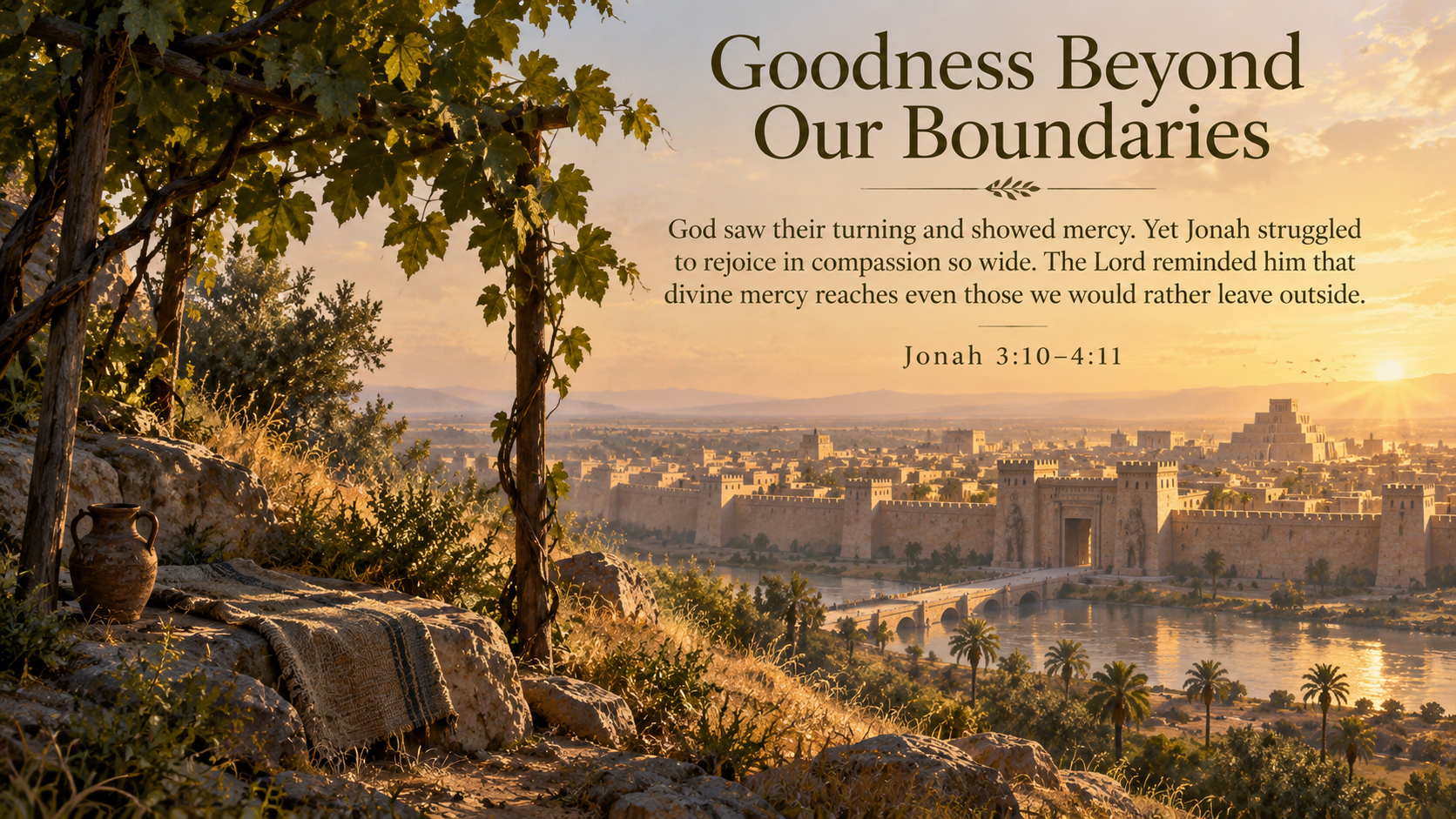 Wide 16:9 watercolor of an ancient city beyond a sunlit hillside, with a leafy plant providing a small patch of shade in the foreground. Visible title: &ldquo;Goodness Beyond Our Boundaries.&rdquo; Visible Scripture paraphrase: &ldquo;God&rsquo;s compassion reaches the people we struggle to love.&rdquo; Include &ldquo;Jonah 3:10&ndash;4:11.&rdquo;