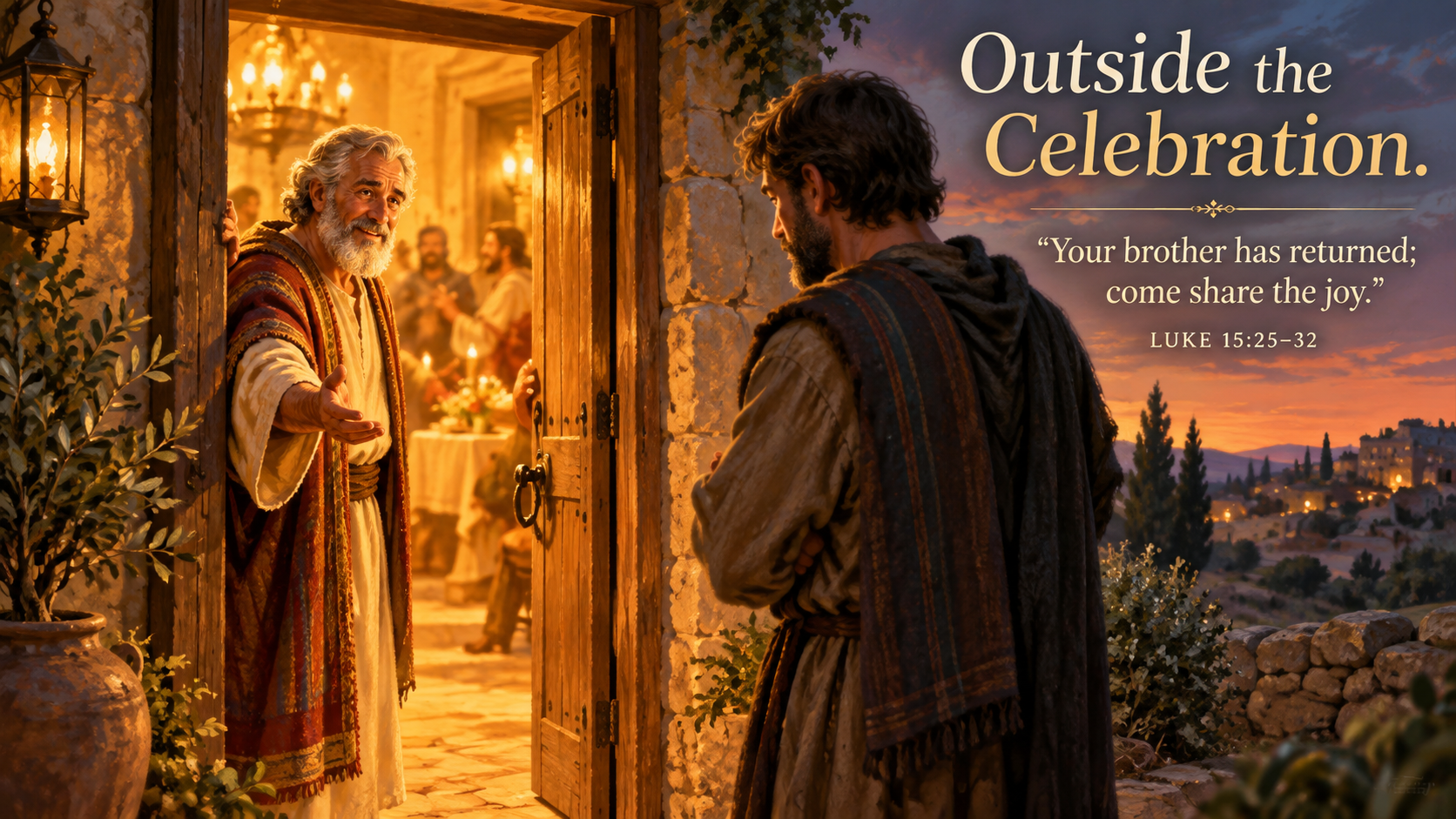 Wide 16:9 painterly scene of a warmly lit open doorway at dusk, with an older father gently inviting an adult son standing outside to enter. Visible title: &ldquo;Outside the Celebration.&rdquo; Visible Scripture paraphrase: &ldquo;Your brother has returned; come share the joy.&rdquo; Include &ldquo;Luke 15:25&ndash;32.&rdquo;