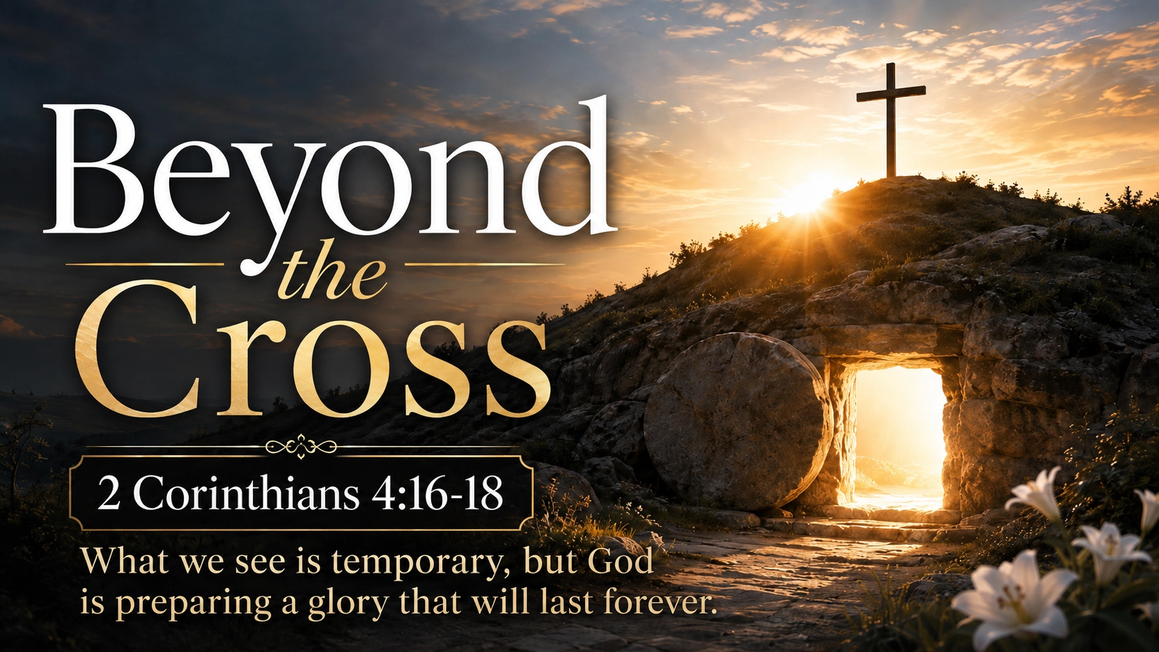 Beyond the Cross A wide, photorealistic image of dawn breaking behind a dark hill with an empty wooden cross silhouetted against the first light, symbolizing hope beyond suffering and the promise of resurrection.
