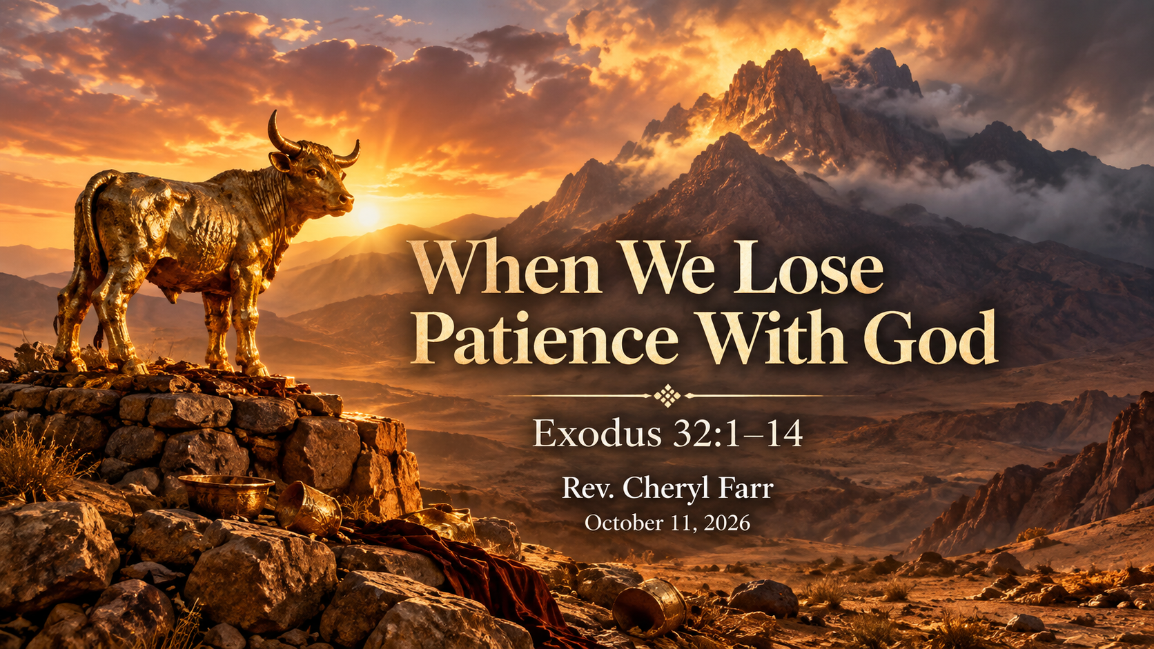 A wide sermon image showing a golden calf overlooking a rugged mountain landscape at sunset with the title &ldquo;When We Lose Patience With God,&rdquo; Exodus 32:1&ndash;14, Rev. Cheryl Farr, and October 11, 2026, illustrating how fear and impatience can lead us to trust what we can see rather than the God who remains faithful.