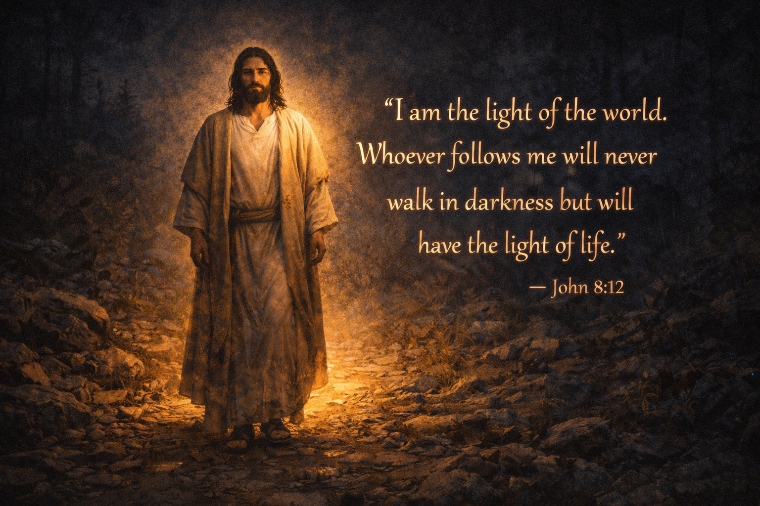 Isaiah 60:1 – Watching for the Light Wide image of a lone figure standing in deep darkness as a radiant golden light breaks through the horizon, representing God’s glory rising even when darkness covers the earth.