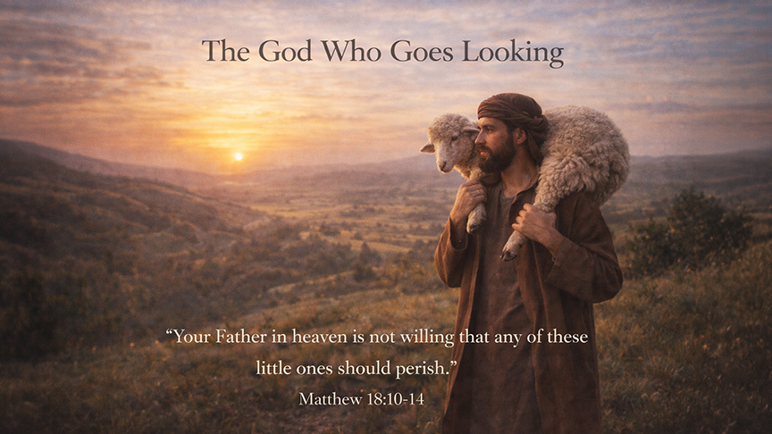 The God Who Goes Looking — A wide 16:9 photo-realistic image of a shepherd walking through rolling green hills at sunset, gently carrying a sheep across his shoulders. The image includes the title The God Who Goes Looking and the full scripture text of Matthew 18:10–14, symbolizing God’s loving pursuit of those who wander.