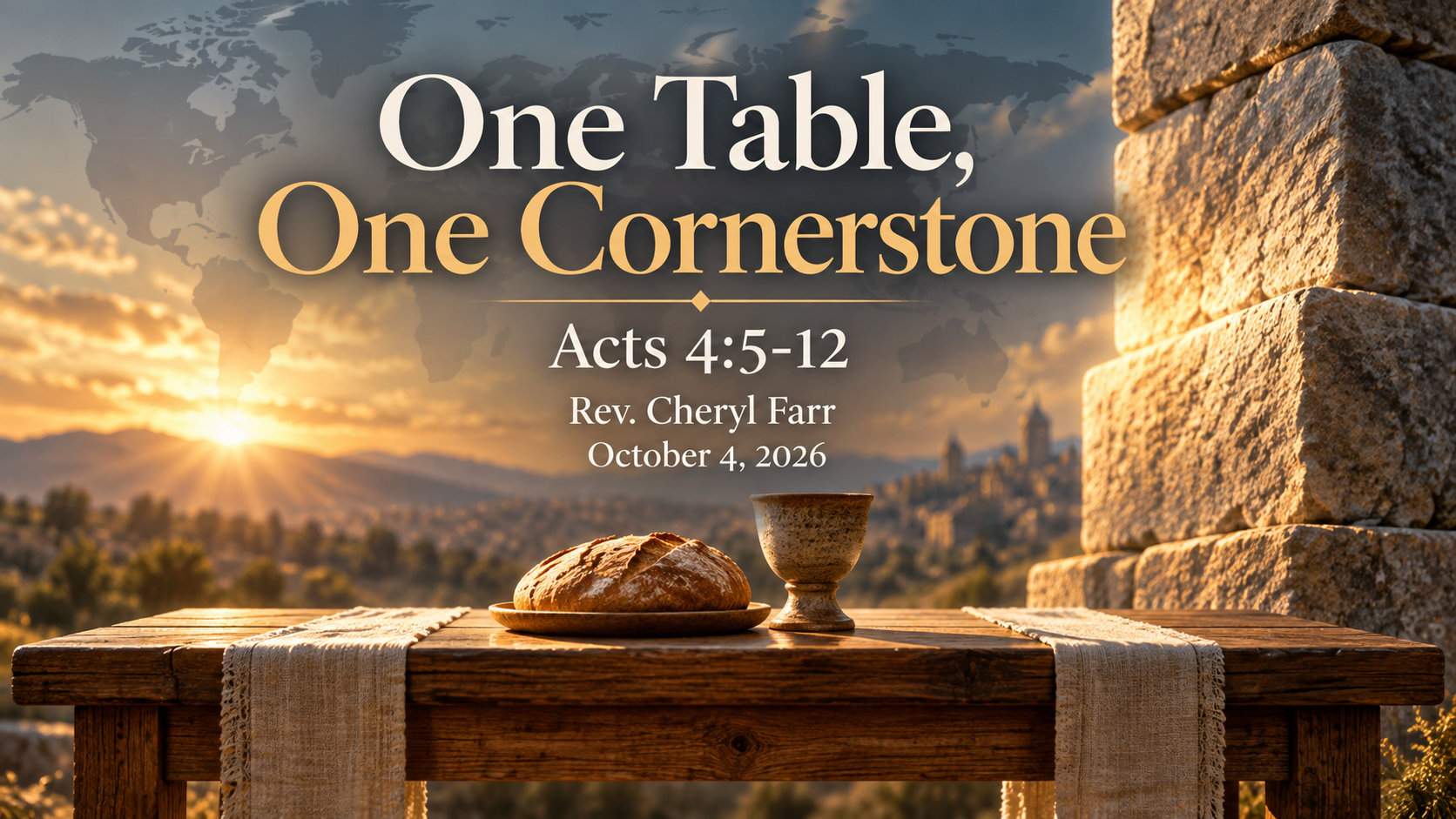 Wide 16:9 image showing a simple wooden communion table with one loaf of bread and one cup placed at the center. Behind the table, soft light falls across a large cornerstone set firmly into the foundation. Subtle hints of different landscapes and distant places suggest Christians gathering across the world without showing specific people or national symbols. The image should feel warm, reverent, and hopeful. Visible title: &ldquo;One Table, One Cornerstone.&rdquo; Visible Scripture reference: &ldquo;Acts 4:5&ndash;12.&rdquo;