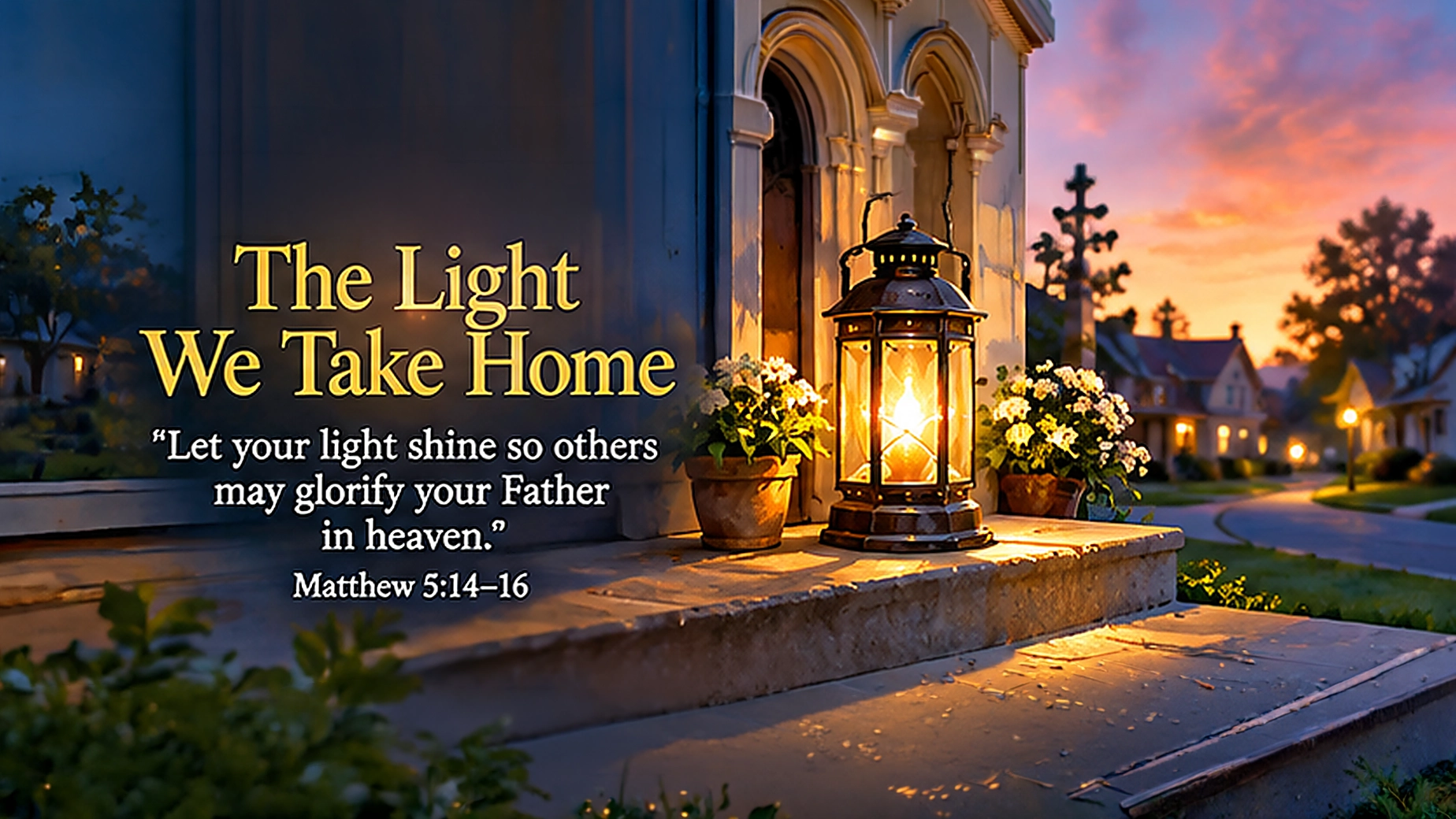 Wide 16:9 warm painterly scene of a small lantern glowing on a front porch at dusk, its light reaching across the steps and toward a quiet neighborhood street. The image represents carrying Christ's love beyond the sanctuary into daily life. No people or identifiable church buildings. Visible title: "The Light We Take Home." Visible Scripture paraphrase: "Let your light shine so others may glorify your Father in heaven." Include "Matthew 5:14&ndash;16." Use deep evening blue contrasted with warm golden lantern light.