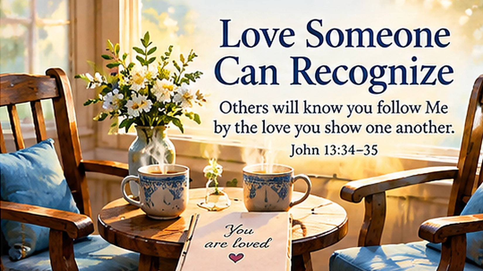 Wide 16:9 painterly still life of two chairs facing each other beside a sunlit window, with two cups of tea on a small table and an open handwritten encouragement card. The scene suggests presence, listening, reconciliation, and everyday care without showing people. Visible title: "Love Someone Can Recognize." Visible Scripture paraphrase: "Others will know you follow Me by the love you show one another." Include "John 13:34&ndash;35." Warm, inviting colors and readable typography.